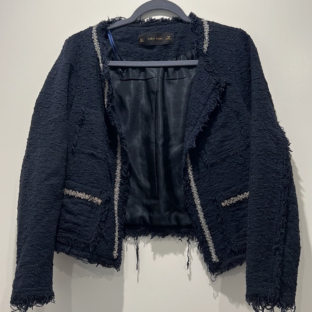 Zara Basic Navy Blue Tweed Jacket/Blazer